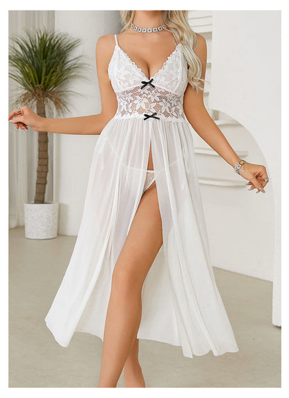 Sexy Women Sleepwear Set With Lace Contrast Mesh  Night Long Dress