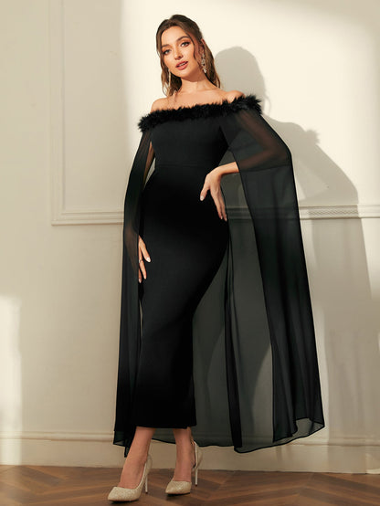 Modely Off Shoulder Fuzzy Trim Split Thigh Chiffon Prom Dress فستان قطيفه مع تول