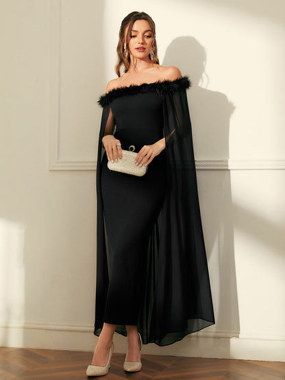 Modely Off Shoulder Fuzzy Trim Split Thigh Chiffon Prom Dress فستان قطيفه مع تول