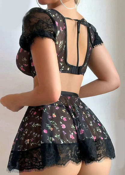 Floral Underwire Puff Sleeve Lace Patchwork Top + Thong + Skirt 3pcs Set