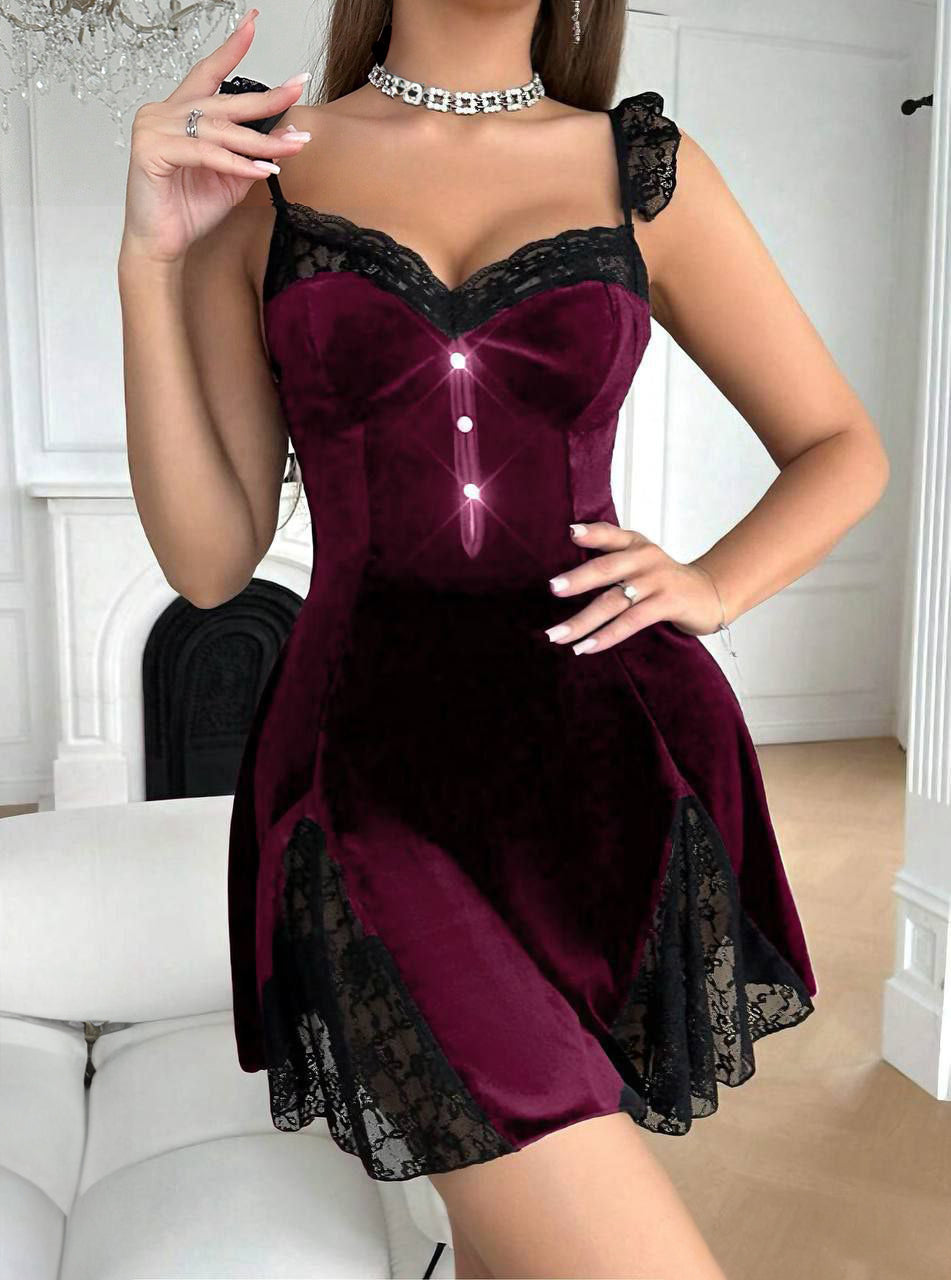 Lace Splicing Velvet Backless Strappy قطيفه مع دانتيل