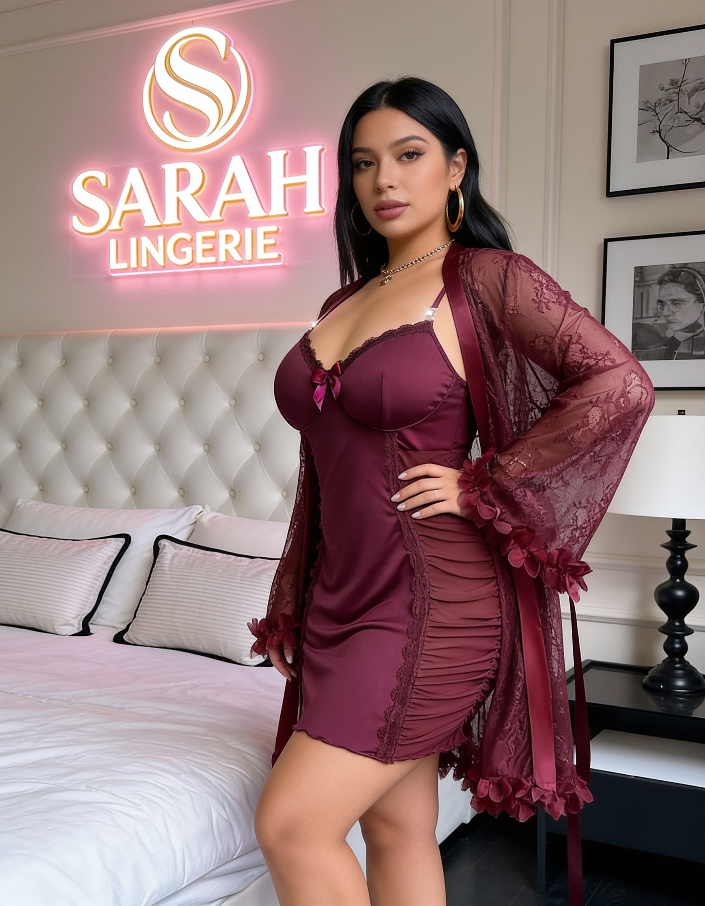 Lace Robe With  Lace Camisole Slip Dress With Waist Cinching Design (curvy)