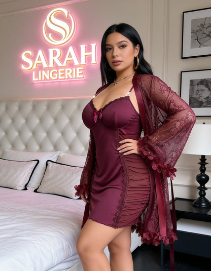 Lace Robe With  Lace Camisole Slip Dress With Waist Cinching Design (curvy)