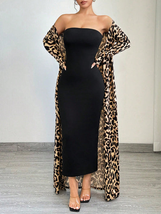 eopard Print Long Sleeve Maxi Jacket And Bodycon Dress Set Cheetah Print طقم قطعتين