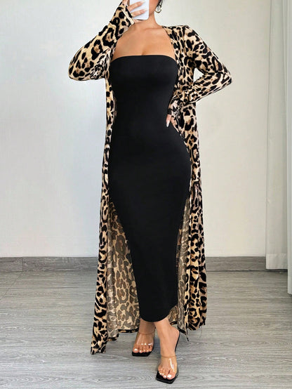 eopard Print Long Sleeve Maxi Jacket And Bodycon Dress Set Cheetah Print طقم قطعتين