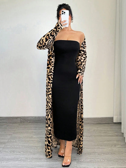 eopard Print Long Sleeve Maxi Jacket And Bodycon Dress Set Cheetah Print طقم قطعتين