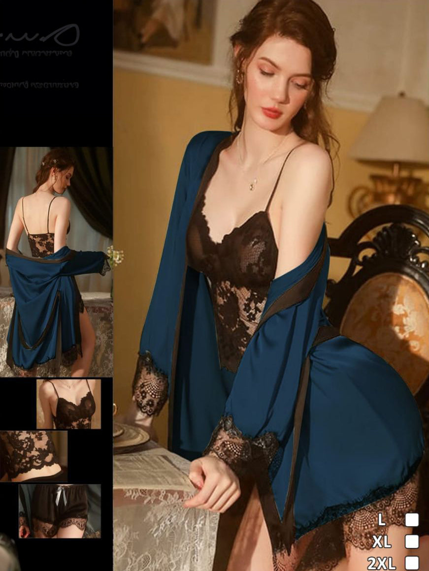 Sexy Pajamas for Women Sleepwear 3Piece Lace Robe Sets Night Dress Lingerie Lace Bathrobe