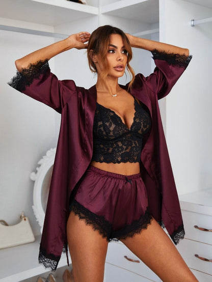 Sexy Women's 3 Piece Set Lace Cami Top & Satin Shorts & Belted Robe