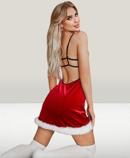 Christmas Costume Velvet Dress With Santa Hat