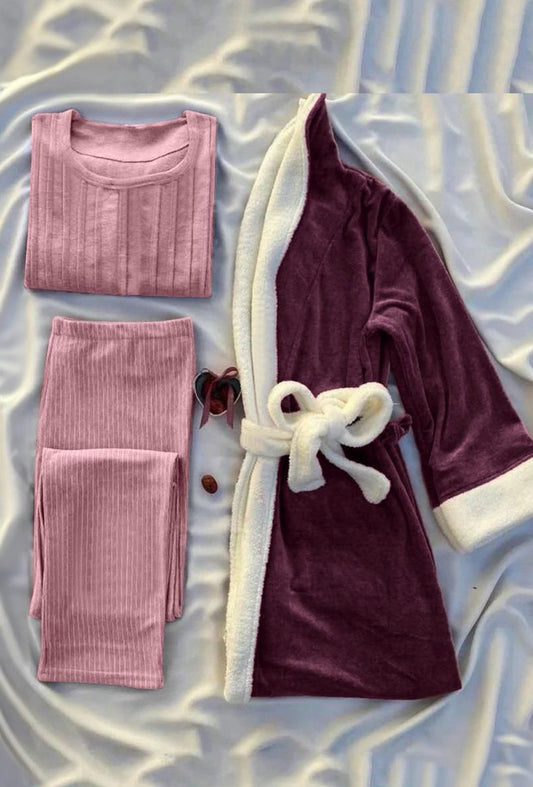 3pc  PJ Cami Top & Knot Pants & Robe Set بيجامه 3 قطع