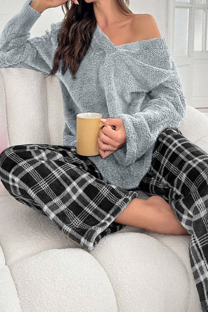 Casual Plaid Print Fleece Thickened Pajama Set, Long Sleeve V Neck Top & Elastic Pants, Women's Sleepwear & Loungewear