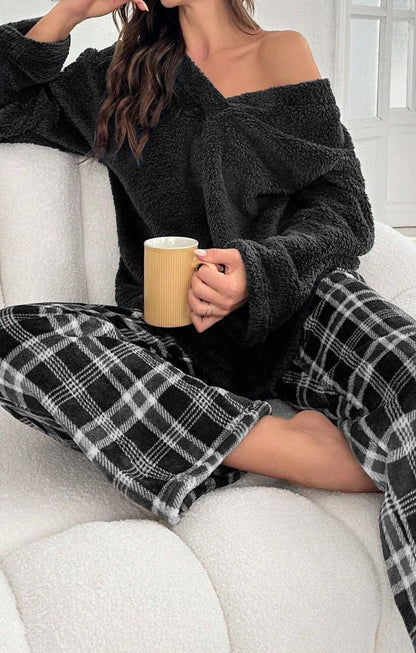 Casual Plaid Print Fleece Thickened Pajama Set, Long Sleeve V Neck Top & Elastic Pants, Women's Sleepwear & Loungewear