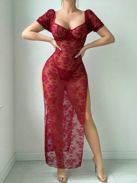 2pcs/Set Women Lace Sexy Nightgown (With Underwire, Thong)