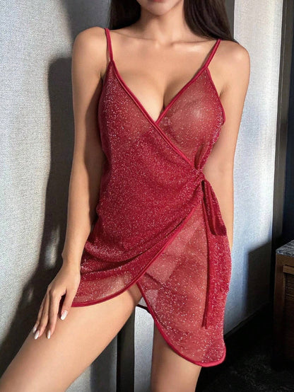 Silk Blend Mesh Panel Sexy Camisole Lingerie Nightdress