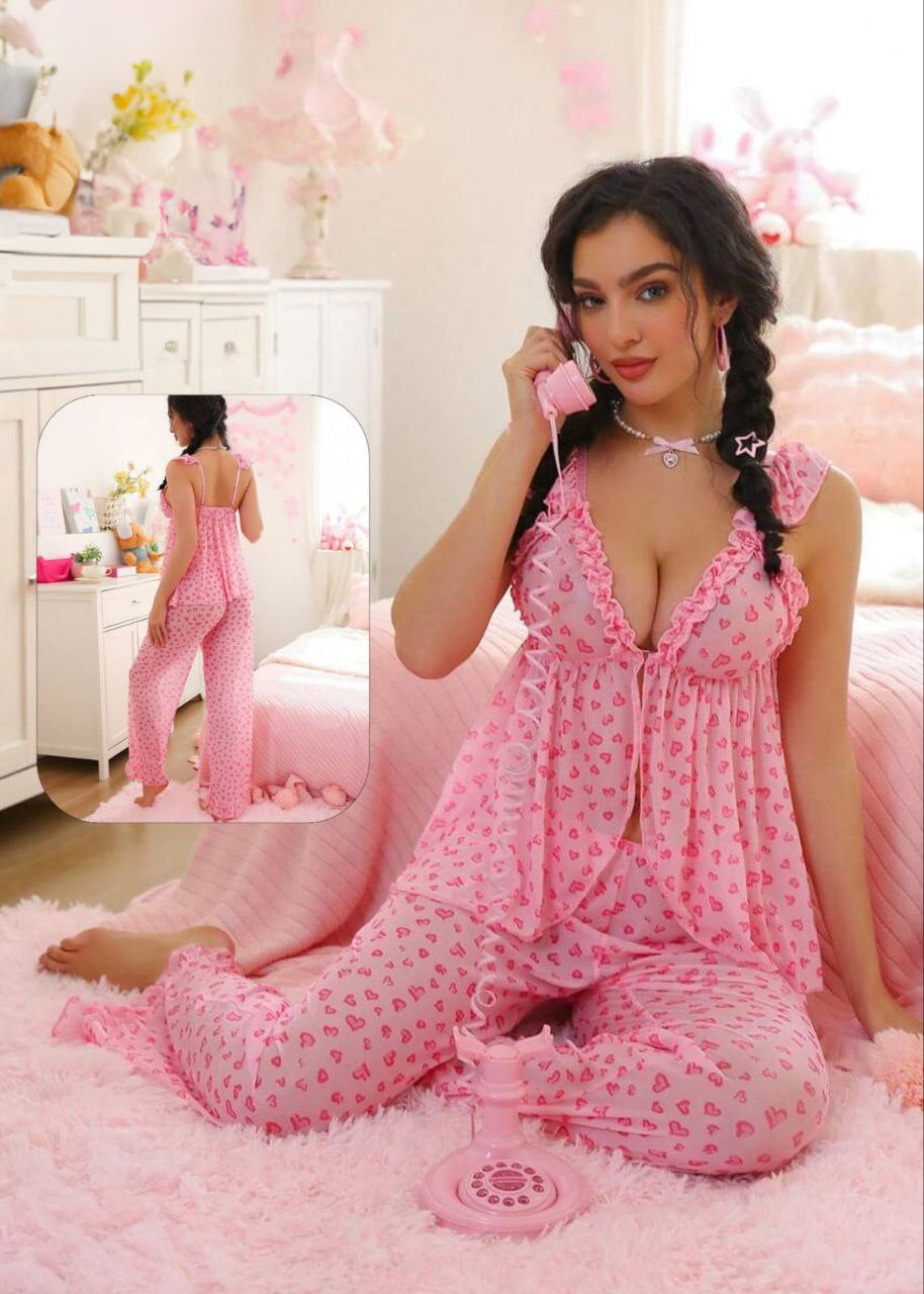 2pcs Set  Lace Mesh بيجامه شيفون شفافه بفتحه من الامام