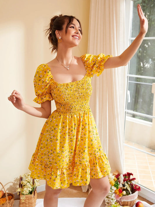 Ditsy Floral Print Shirred Dress
