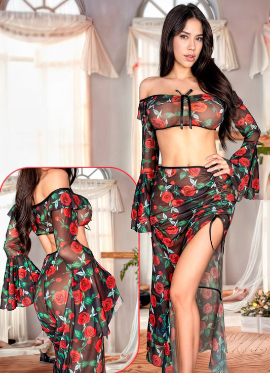 Women Floral off Shoulder Mesh Dress اوف شولدر شفاف قطعتين