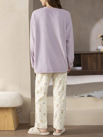 Flannel Women Pajama Set - Cute Cartoon Embroidered Long Sleeve Top And Long Pants, Comfortable Sleepwear, Purple Color, Autumn/Winter