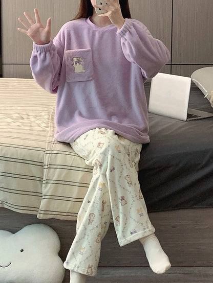 Flannel Women Pajama Set - Cute Cartoon Embroidered Long Sleeve Top And Long Pants, Comfortable Sleepwear, Purple Color, Autumn/Winter