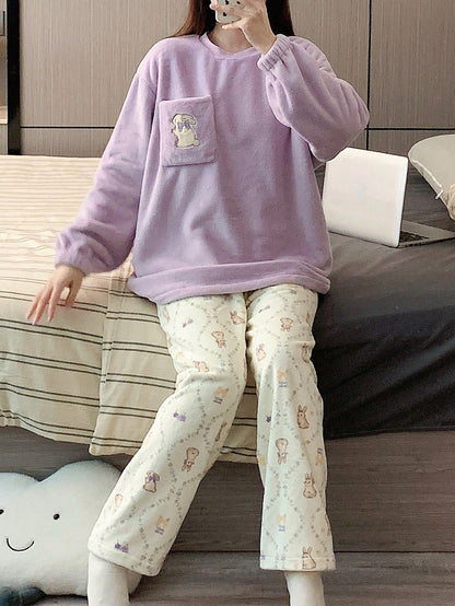 Flannel Women Pajama Set - Cute Cartoon Embroidered Long Sleeve Top And Long Pants, Comfortable Sleepwear, Purple Color, Autumn/Winter