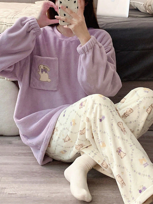 Flannel Women Pajama Set - Cute Cartoon Embroidered Long Sleeve Top And Long Pants, Comfortable Sleepwear, Purple Color, Autumn/Winter