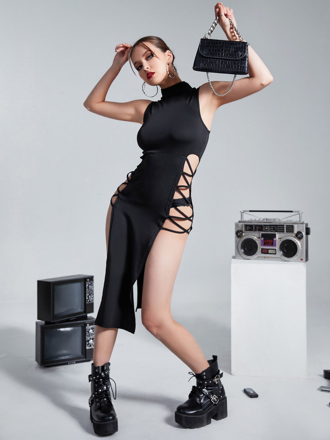 ock Neck Lace Up Side Split Thigh Dressو