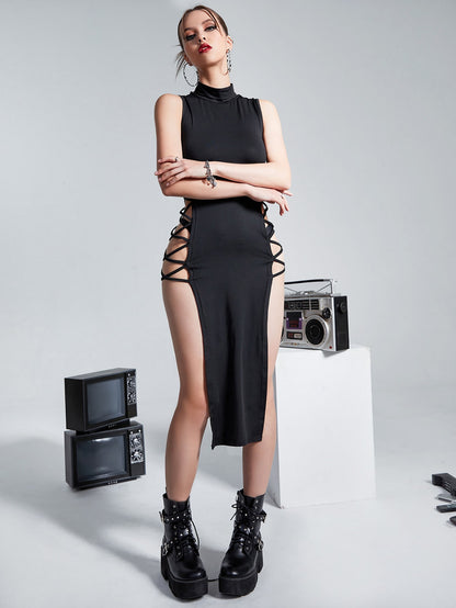 ock Neck Lace Up Side Split Thigh Dressو