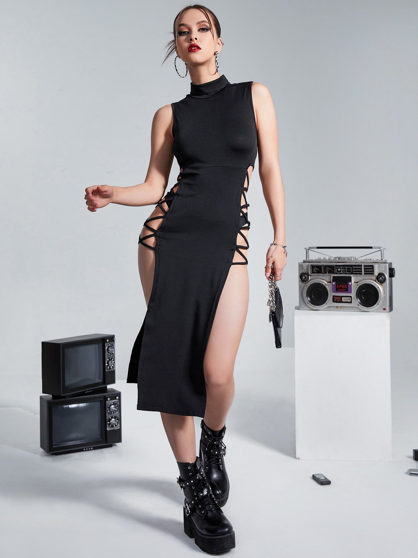 ock Neck Lace Up Side Split Thigh Dressو