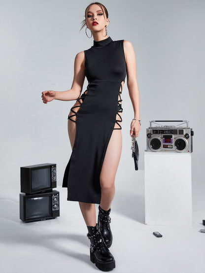 ock Neck Lace Up Side Split Thigh Dressو