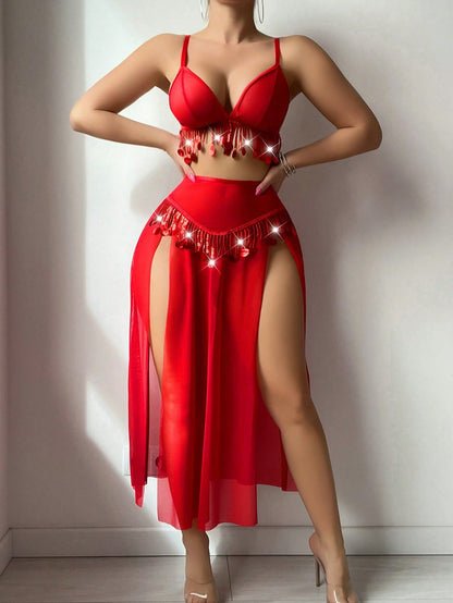 Valentine's Day Party Sexy Rhinestone Decorated 3pcs Set: Lingerie  طقم الفلانتين شيفون