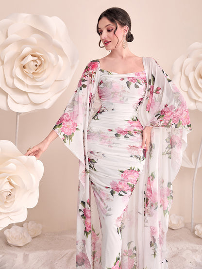 طقم قطعتين قميص  زبدة مع روب تول Modelyn Floral Print Cami Bodycon Dress & Open Front Coat Two Pieces 2 Pieces Set