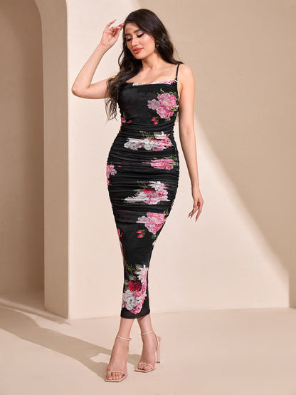 Modelyn Floral Print Cami Bodycon Dress & Open Front Coat Two Pieces 2 Pieces Set