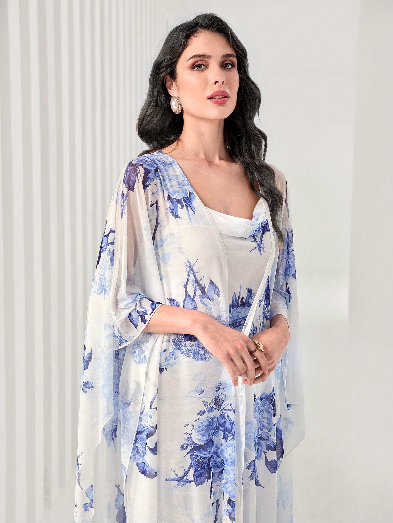Modelyn Floral Print Cami Bodycon Dress & Open Front Coat Two Pieces 2 Pieces Set