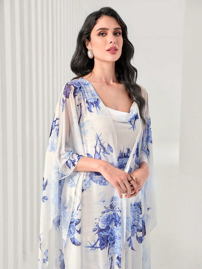 Modelyn Floral Print Cami Bodycon Dress & Open Front Coat Two Pieces 2 Pieces Set
