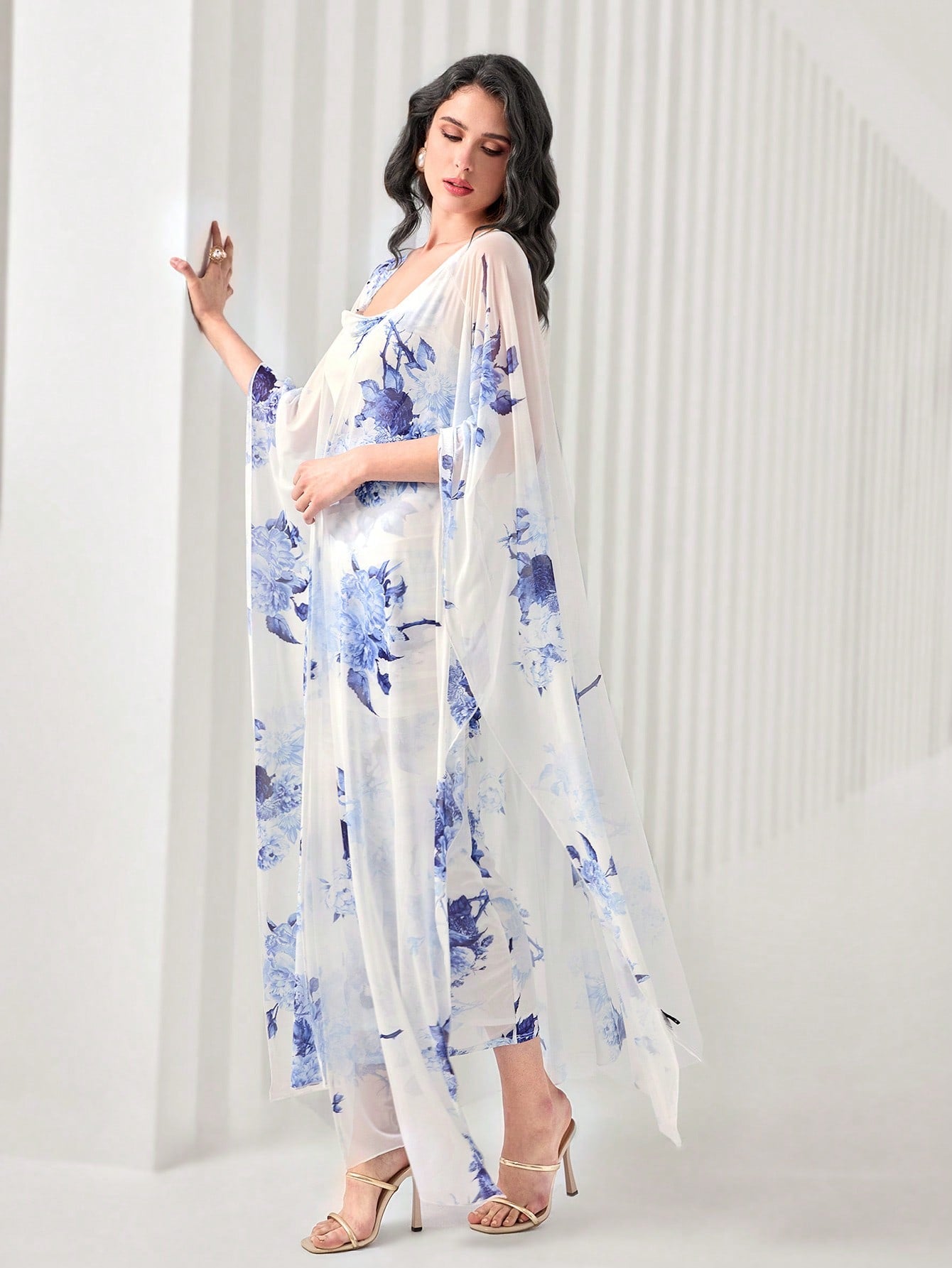 Modelyn Floral Print Cami Bodycon Dress & Open Front Coat Two Pieces 2 Pieces Set