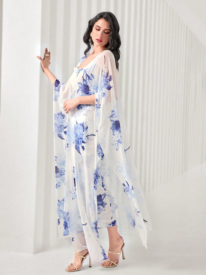 Modelyn Floral Print Cami Bodycon Dress & Open Front Coat Two Pieces 2 Pieces Set