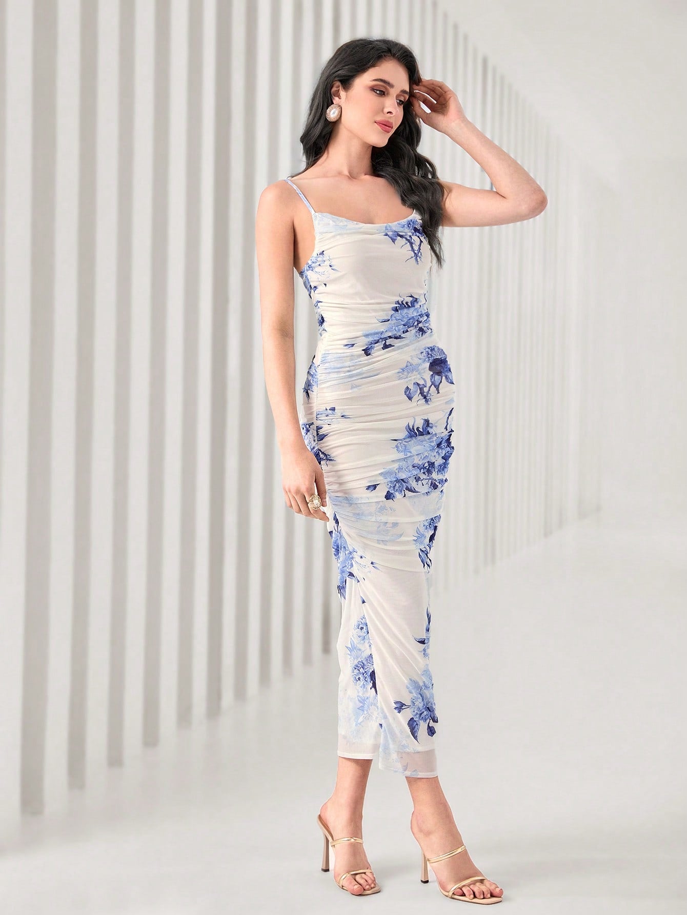 Modelyn Floral Print Cami Bodycon Dress & Open Front Coat Two Pieces 2 Pieces Set