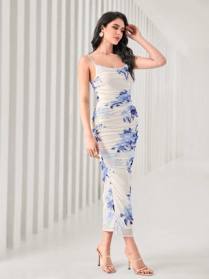 Modelyn Floral Print Cami Bodycon Dress & Open Front Coat Two Pieces 2 Pieces Set