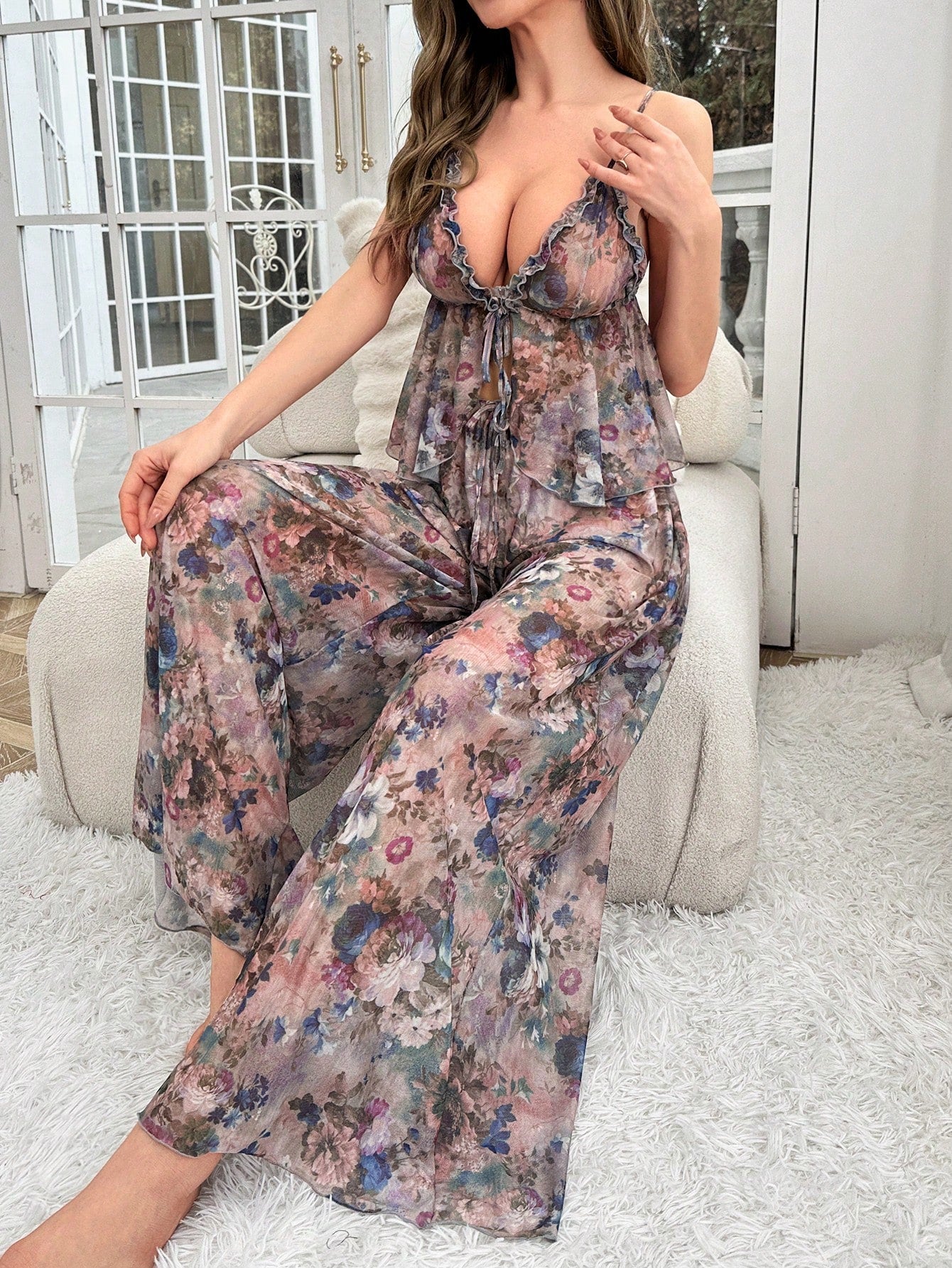 Floral Print Tie Front Mesh PJ Set / Pajama Set
