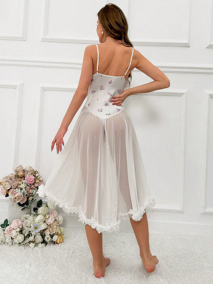Floral Pattern Ruffle Trim Mesh Cami Nightdress Without Panty