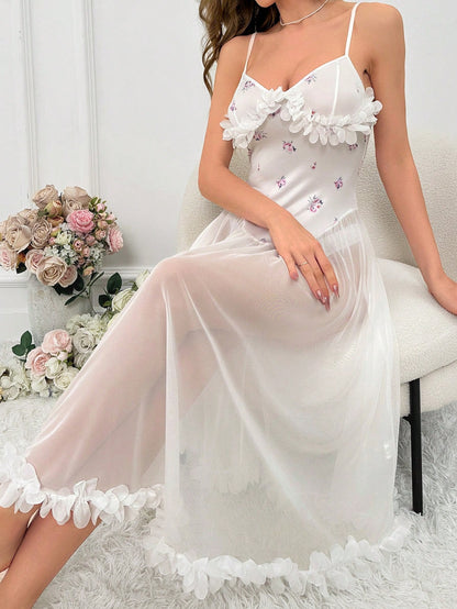 Floral Pattern Ruffle Trim Mesh Cami Nightdress Without Panty