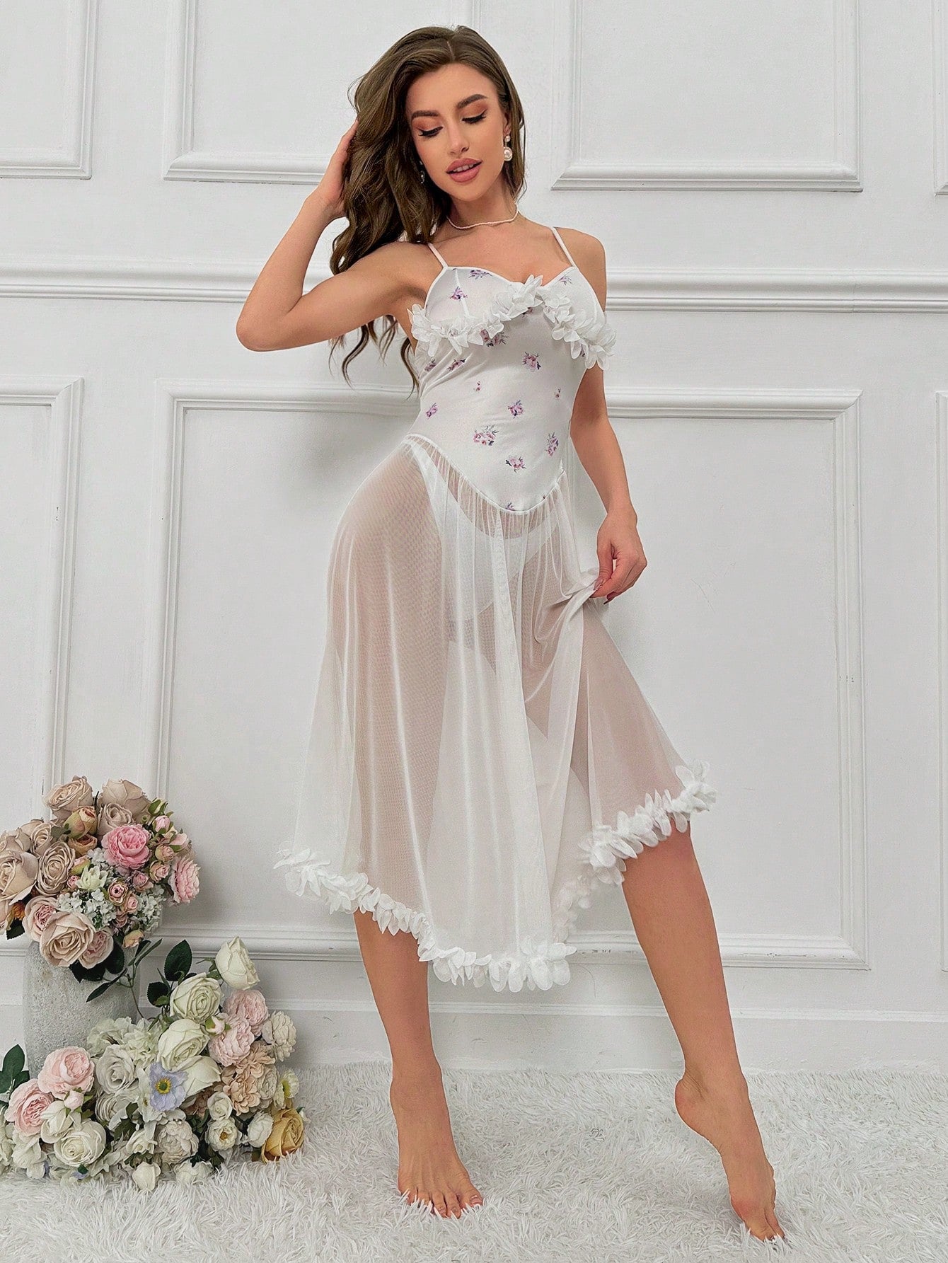 Floral Pattern Ruffle Trim Mesh Cami Nightdress Without Panty