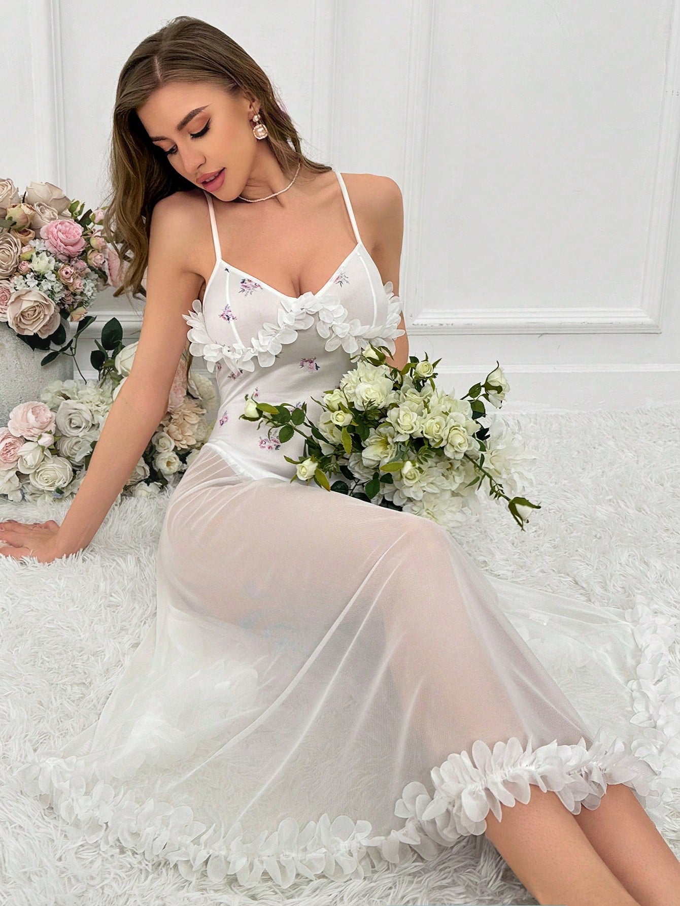 Floral Pattern Ruffle Trim Mesh Cami Nightdress Without Panty