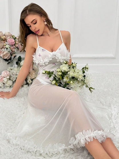 Floral Pattern Ruffle Trim Mesh Cami Nightdress Without Panty