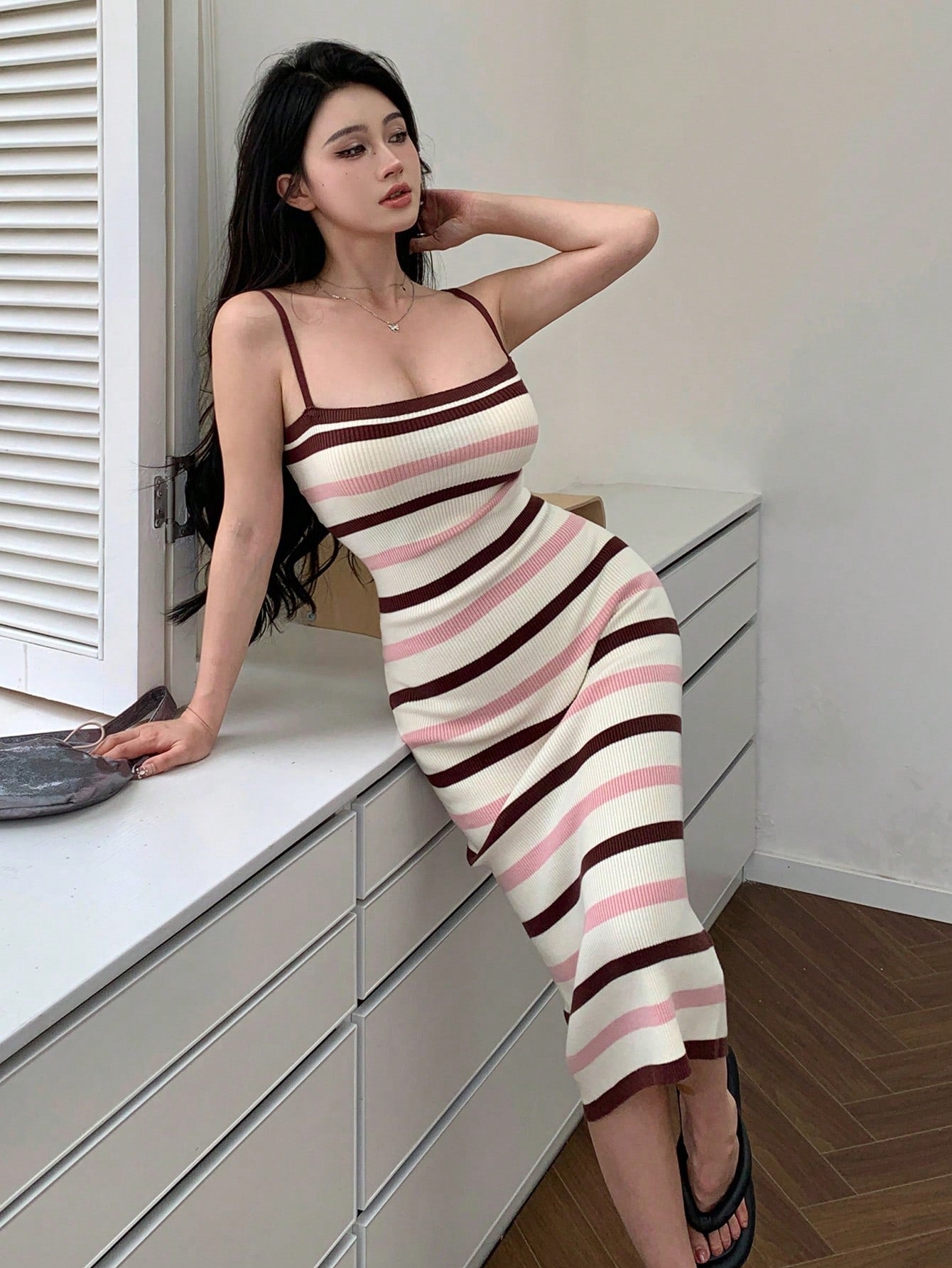 DAZY Women's Striped Spaghetti Strap Dress كاش قطن طويل