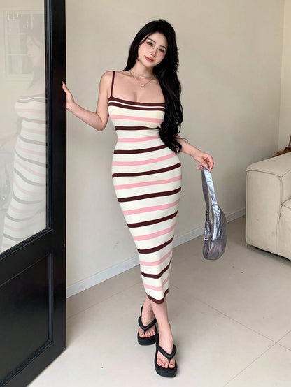 DAZY Women's Striped Spaghetti Strap Dress كاش قطن طويل