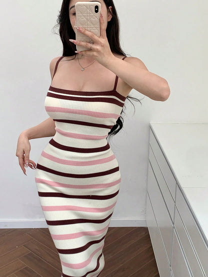 DAZY Women's Striped Spaghetti Strap Dress كاش قطن طويل