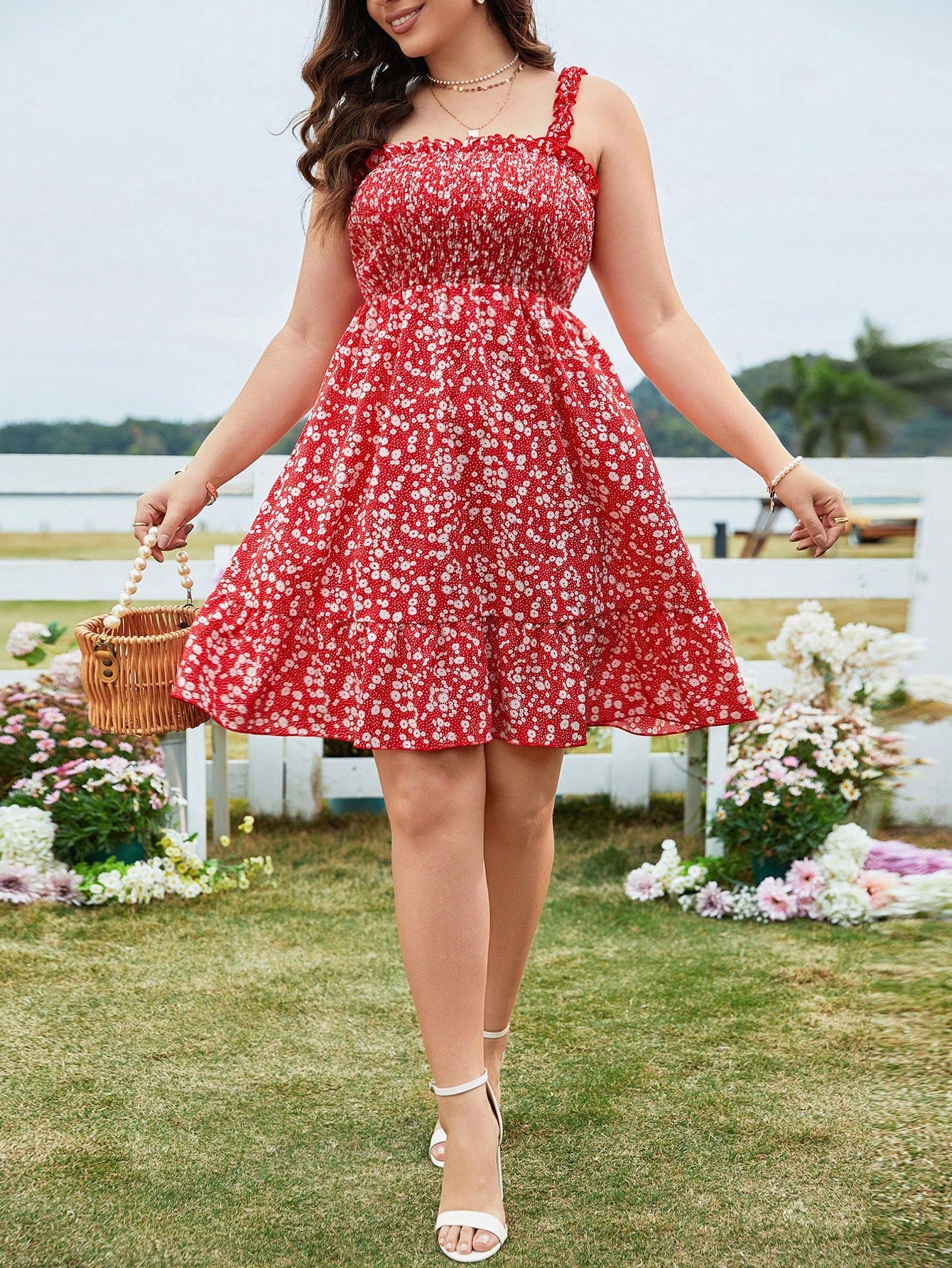 LUNE Plus Size Boho Printed Spaghetti Strap Dress With Ruffle Trim For Summer (CURVY)