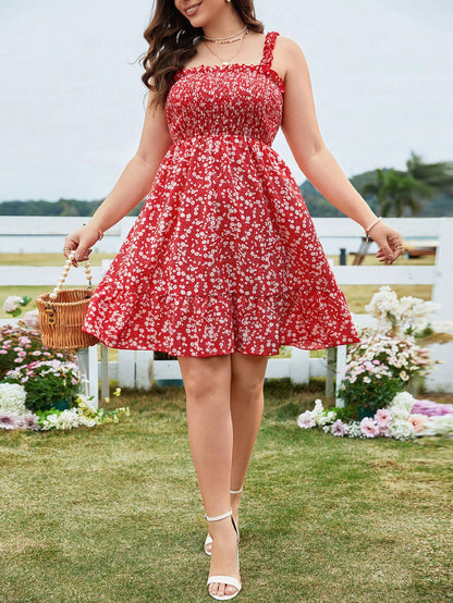 LUNE Plus Size Boho Printed Spaghetti Strap Dress With Ruffle Trim For Summer (CURVY)