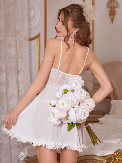 Crystal Vow Women's 3d Flower Design Lace Perspective Cami Dress Bridal Lingerie